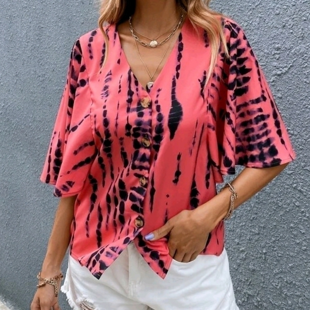 Women's Tie Dye Butterfly Sleeve Button Through Blouse Medium
